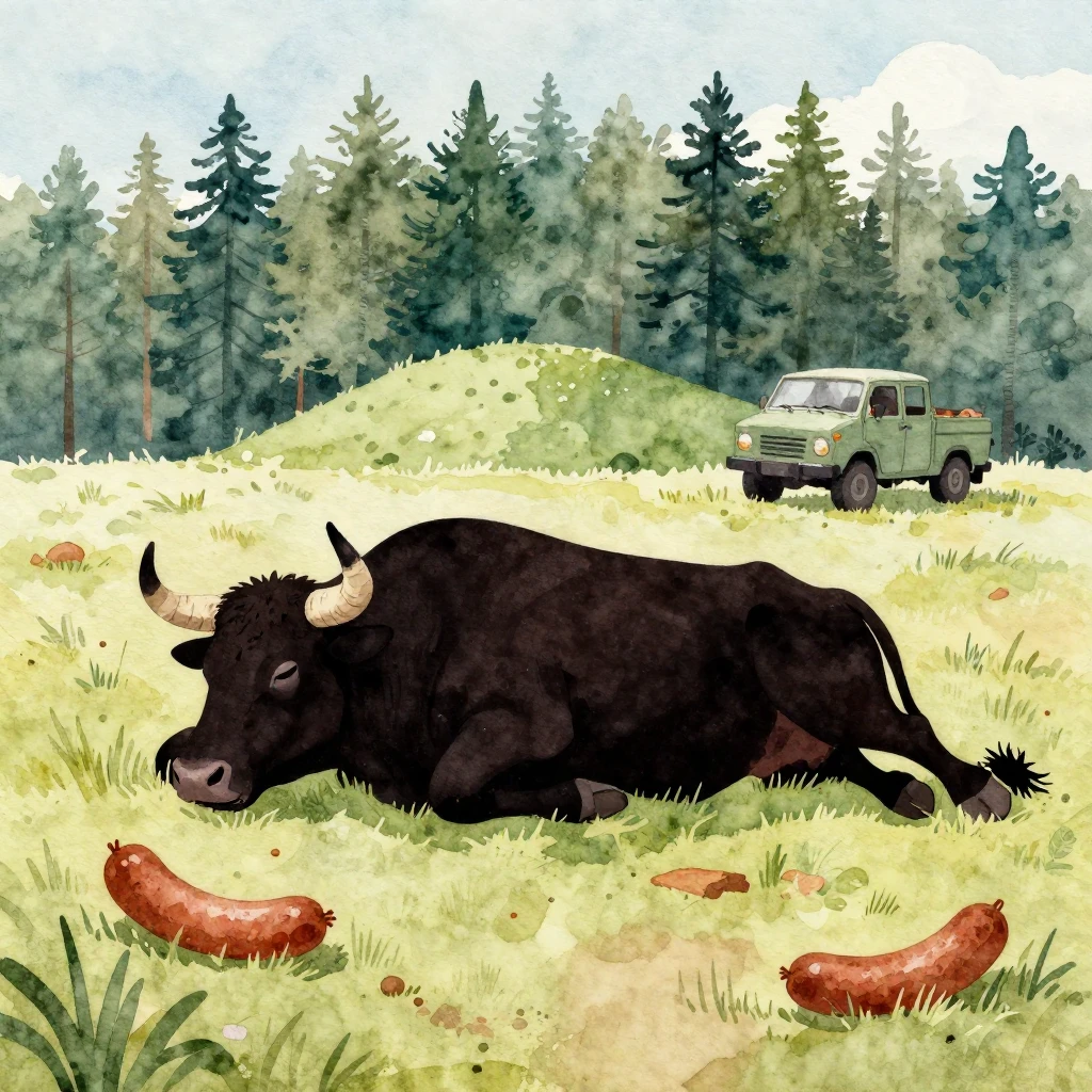 A lazy, sleepy bull silhouette, dreaming of sausage and a fo...