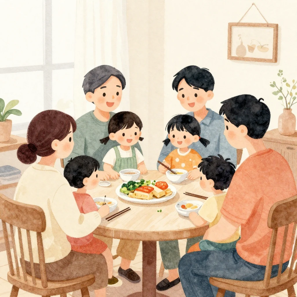 A watercolor illustration of a family gathered together in a...