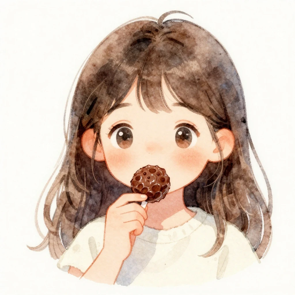 A watercolor illustration of a girl holding a chocolate cand...