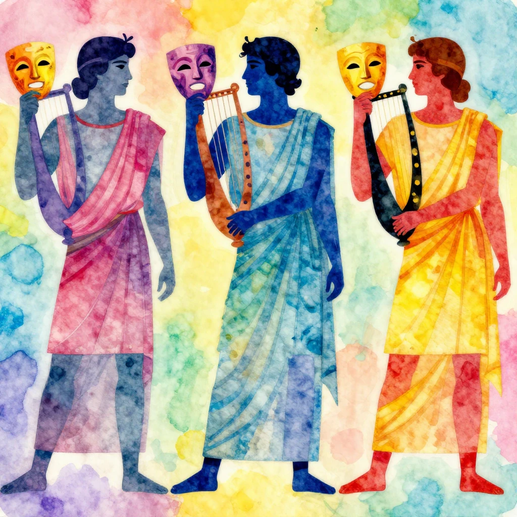 Abstract bright silhouettes of figures in ancient Greek tuni...