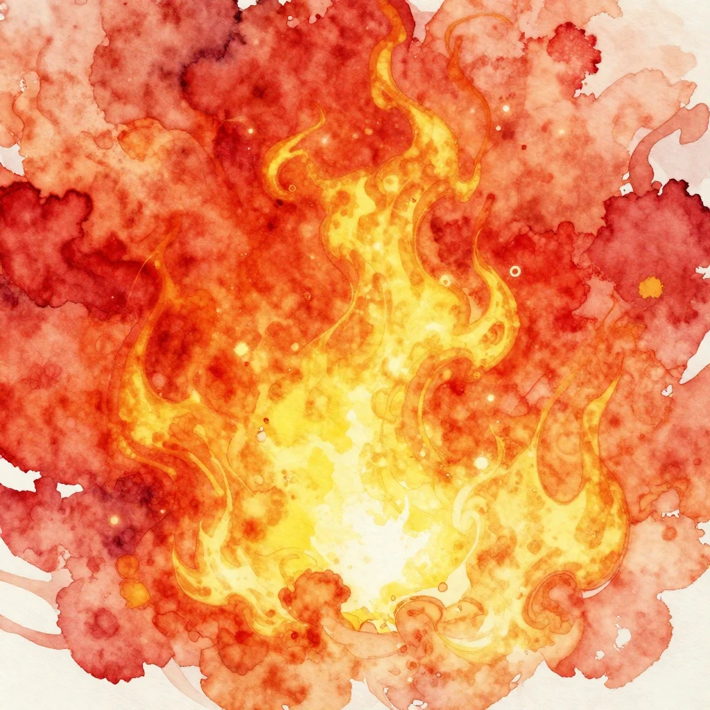 An abstract watercolor illustration dominated by fiery color...