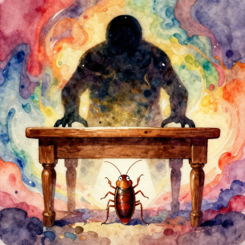 A small, cartoonish cockroach, visibly scared and trembling,...