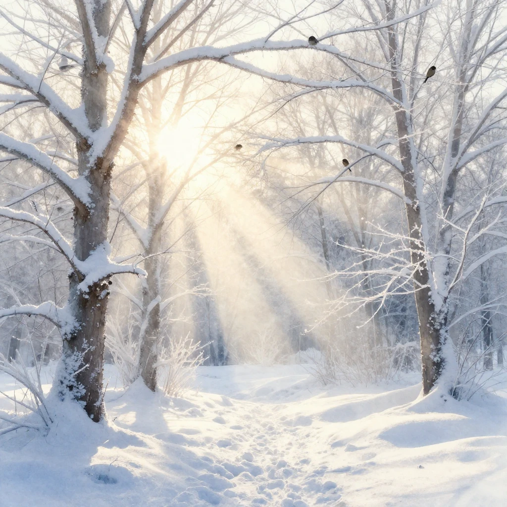 A frosty winter morning scene, sunbeams piercing through sno...