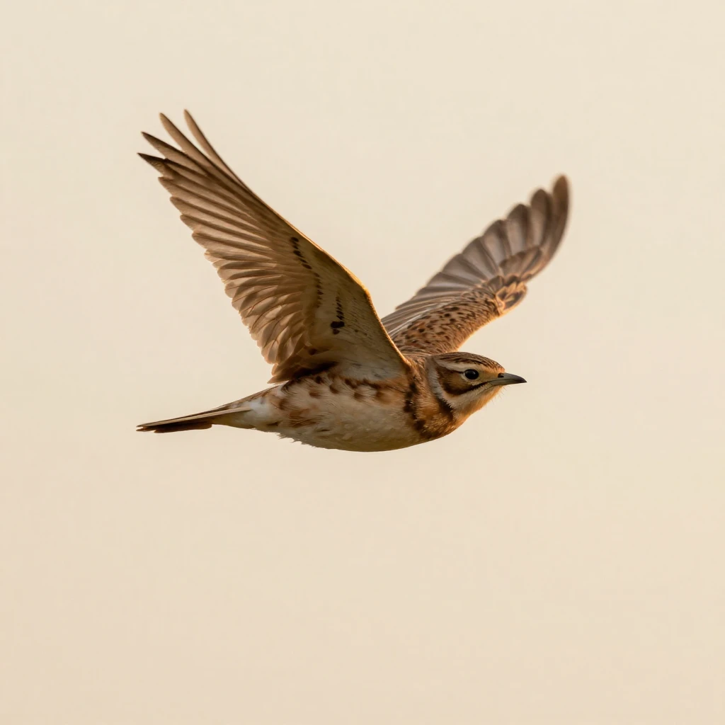 A graceful lark bird in mid-flight against a soft, warm sky,...