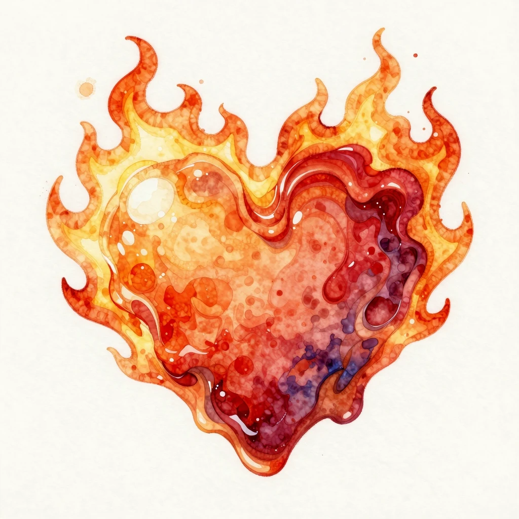 Vibrant watercolor style. Abstract fiery heart, melting wax,...