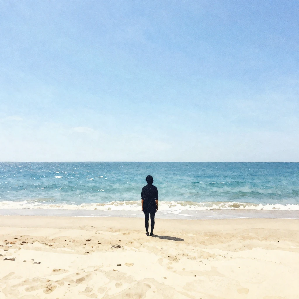 A distant silhouette of a person standing alone on a peacefu...