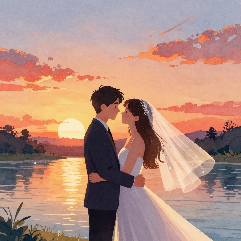 A romantic illustration in vibrant watercolor style, depicti...