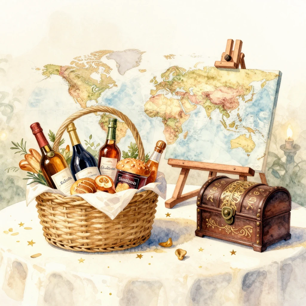 Watercolor painting of a festive table with a gourmet gift b...
