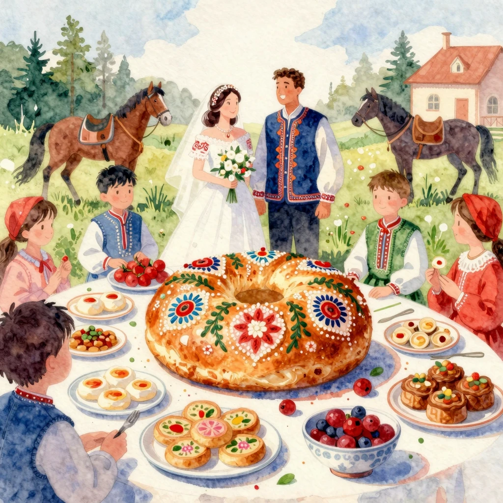 A vibrant watercolor painting of a traditional Russian weddi...