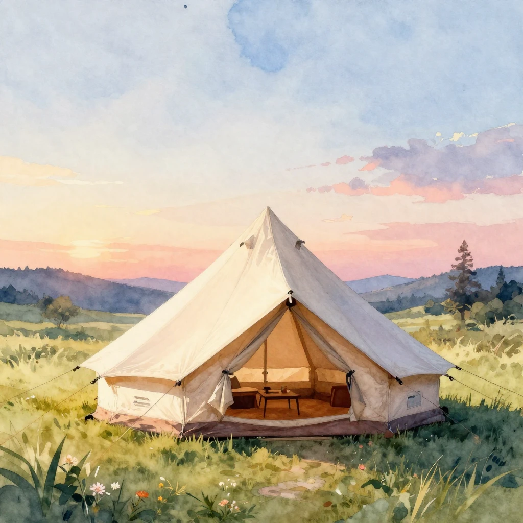 Watercolor style, vibrant colors. A luxurious glamping tent ...