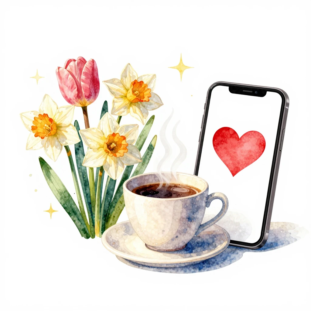 A festive greeting card with spring flowers like tulips and ...