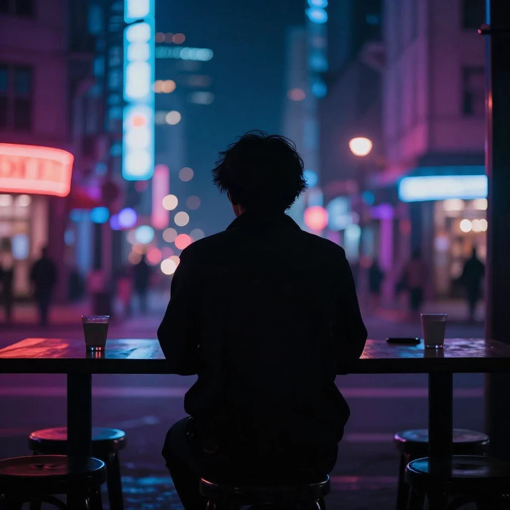 A dark silhouette of a person sitting at a table in a neon-l...
