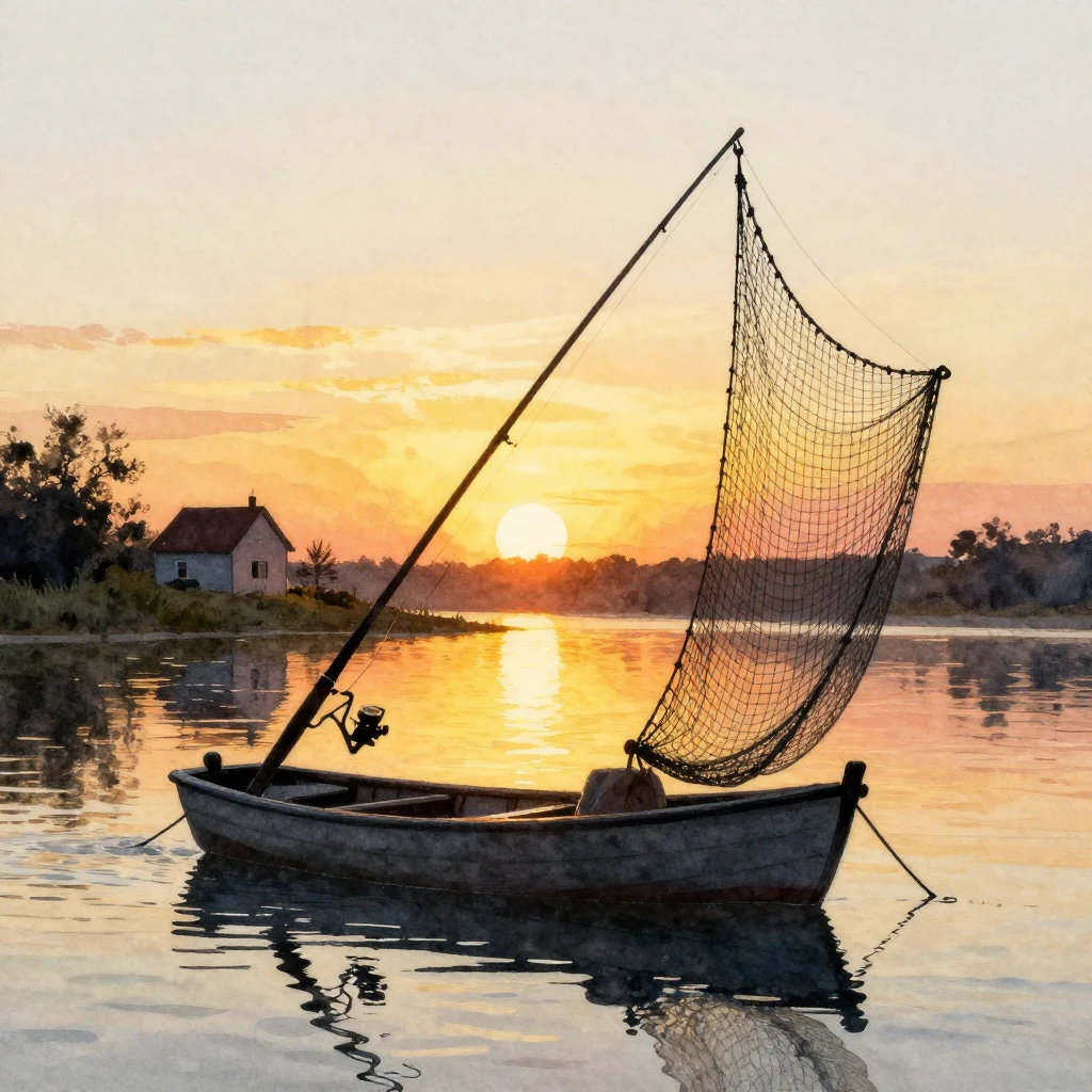 A vibrant watercolor painting depicting a serene fishing sce...