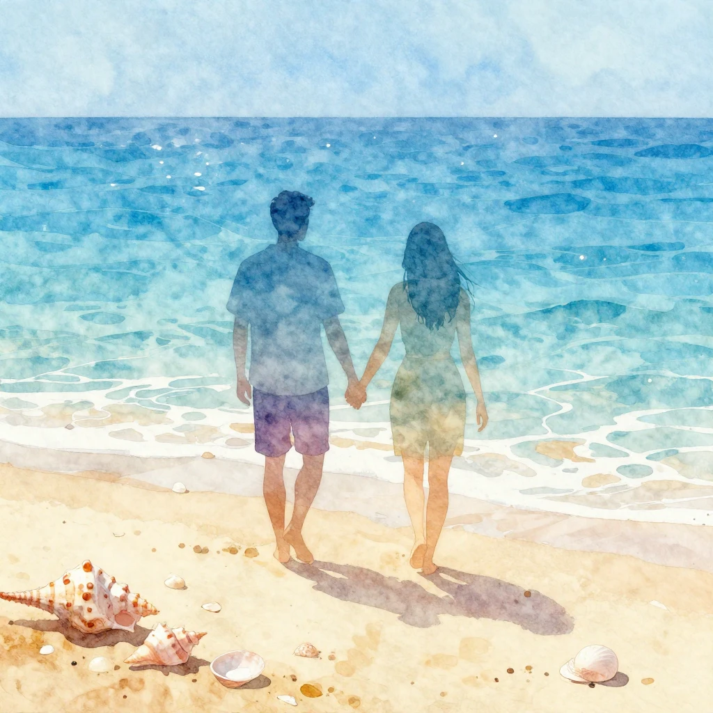 A vibrant watercolor painting of a sun-drenched beach scene ...