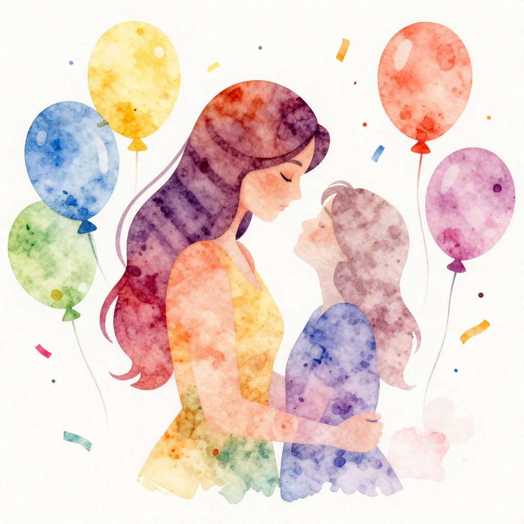 A vibrant, festive watercolor illustration celebrating a mot...