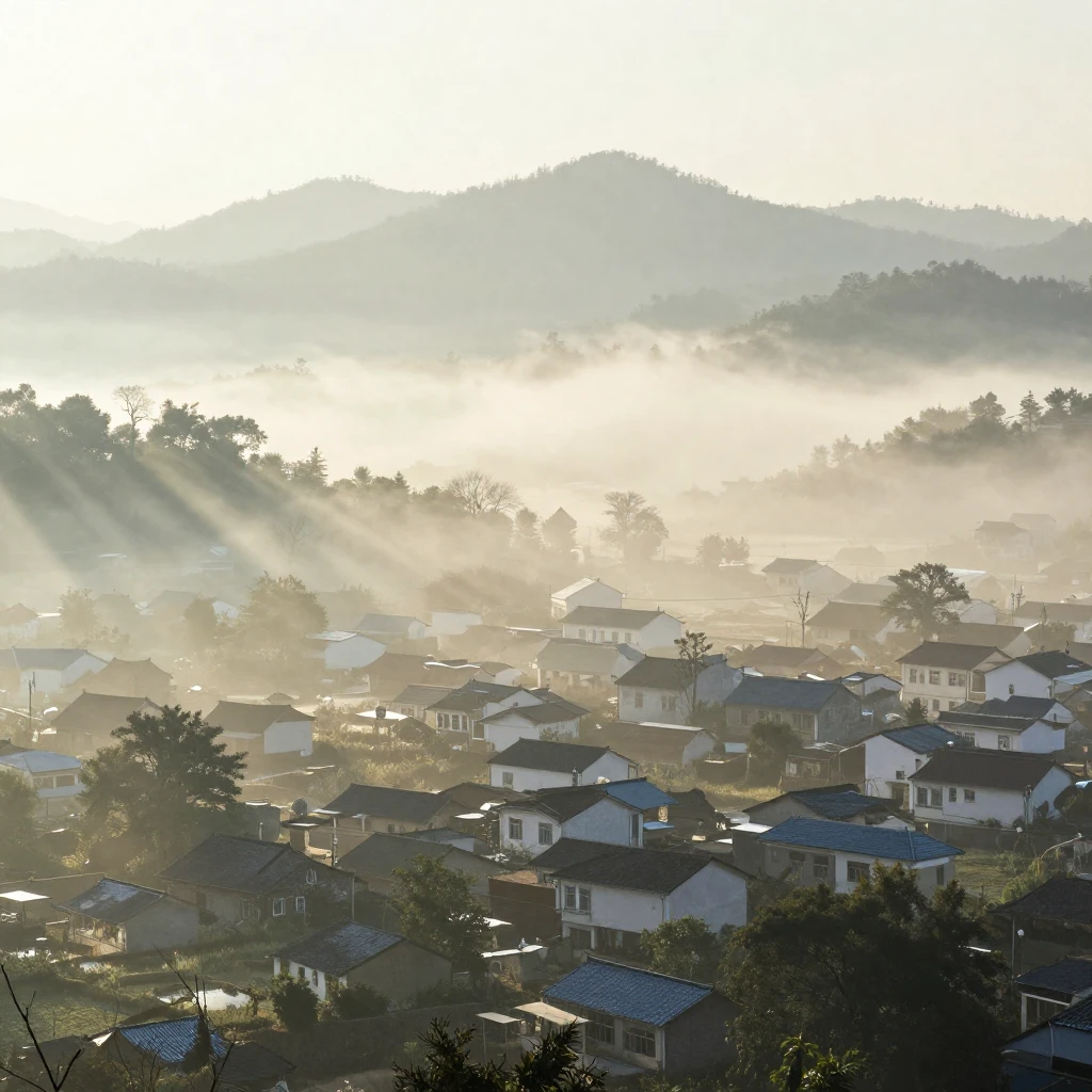 A serene village scene enveloped in thick early morning fog....