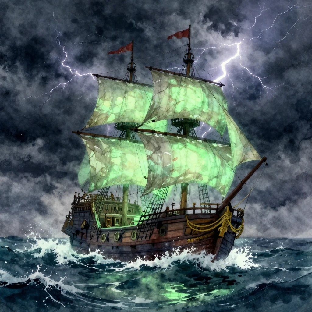 A spectral pirate ship, glowing with an ethereal green light...