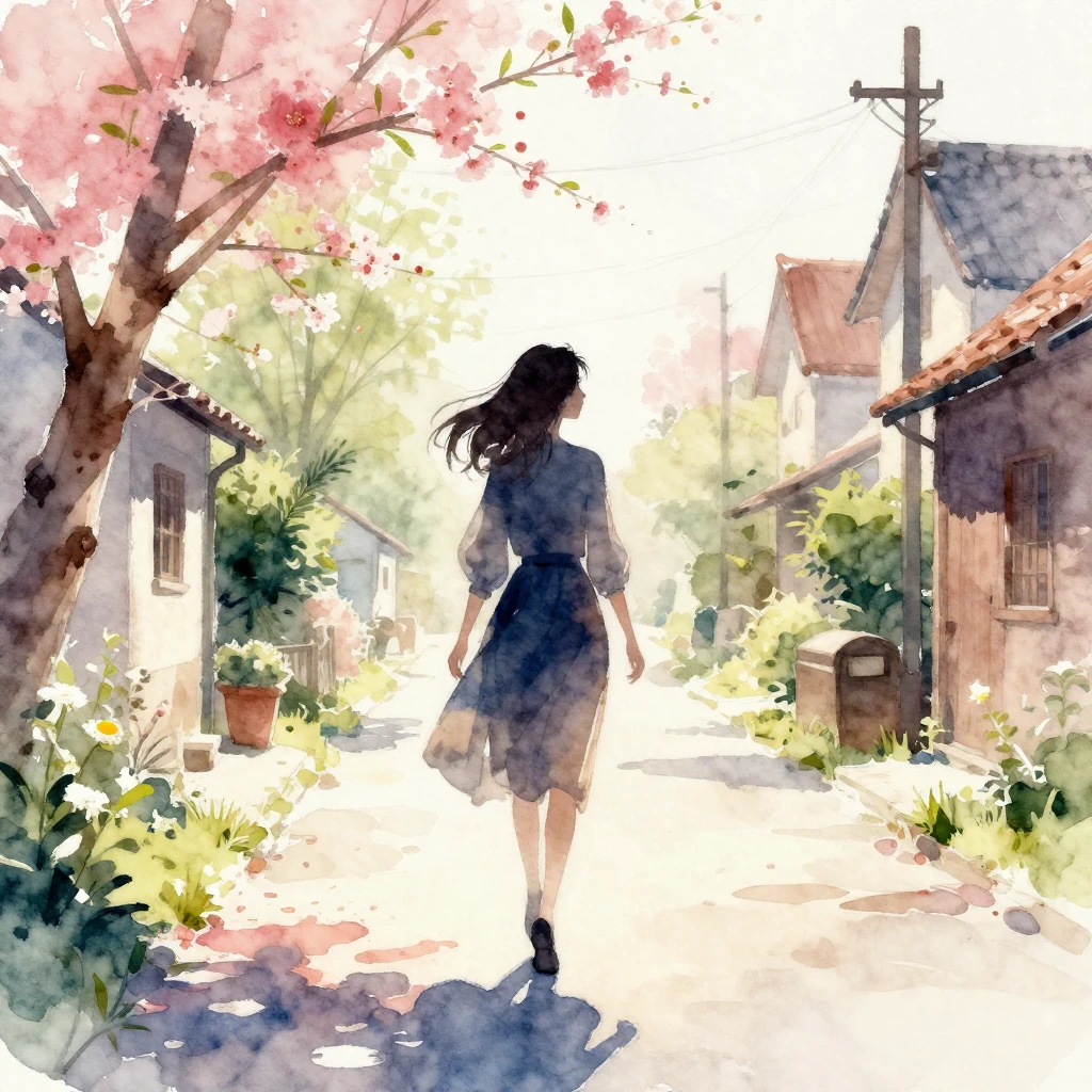 Watercolor style. A silhouette of a graceful woman walking a...