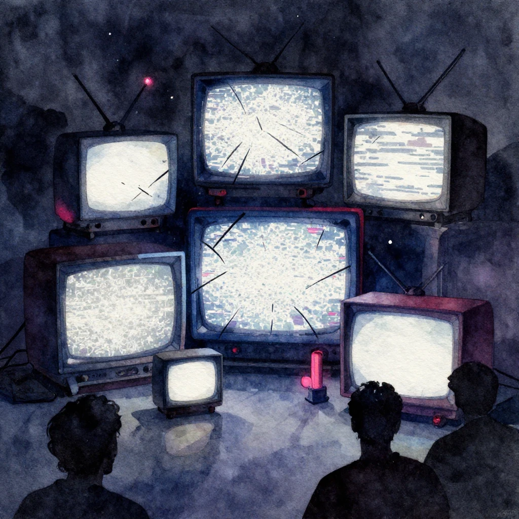 Watercolor painting of glowing broken TV screens displaying ...