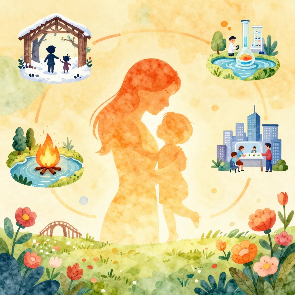 A vibrant watercolor illustration depicting a mother's unwav...