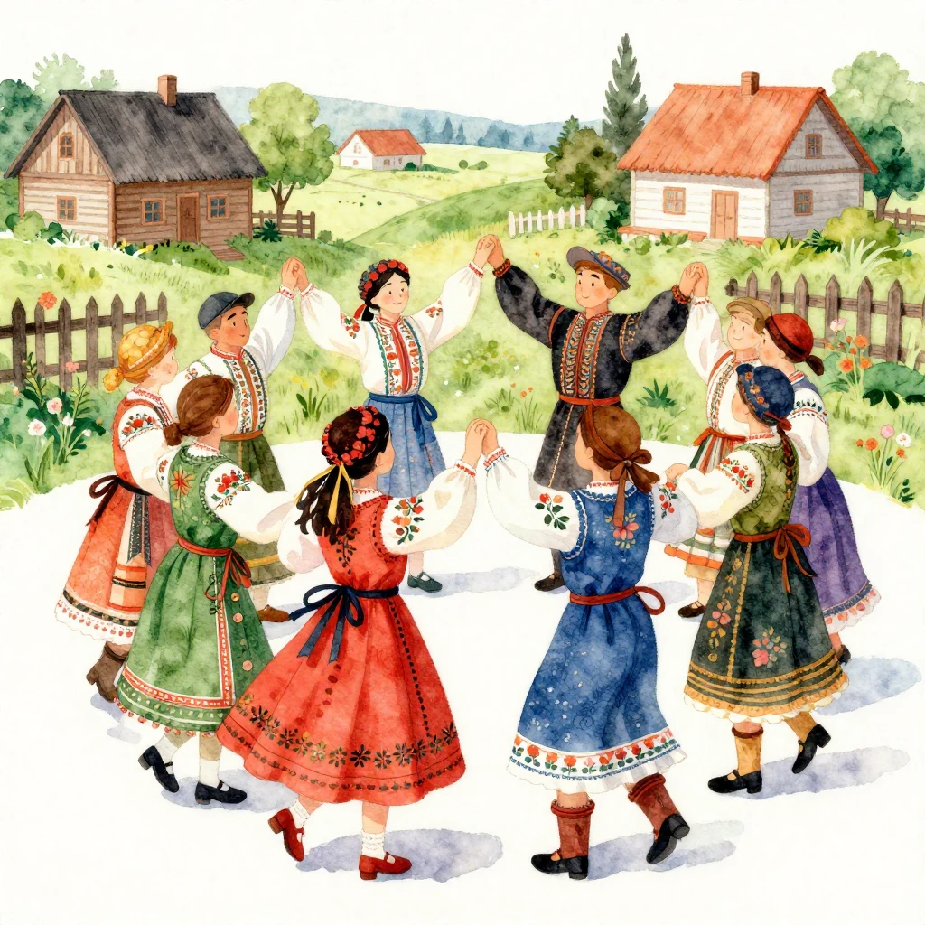 A vibrant watercolor folk art illustration focusing on a gro...