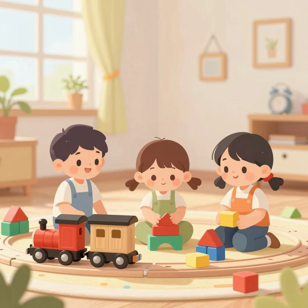 A whimsical illustration of children playing with classic to...