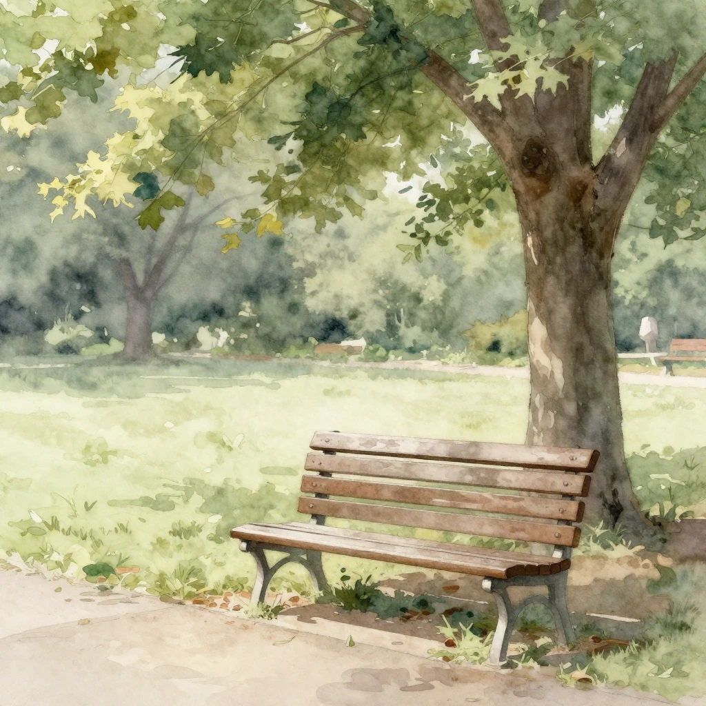 A solitary wooden bench in a quiet park, perhaps under a lar...