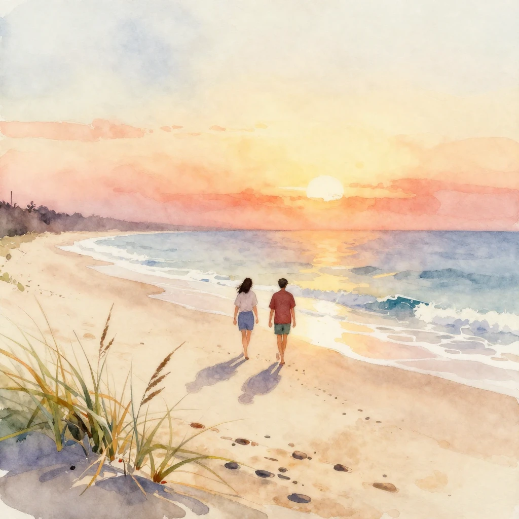 A watercolor painting of two figures walking along a sandy b...