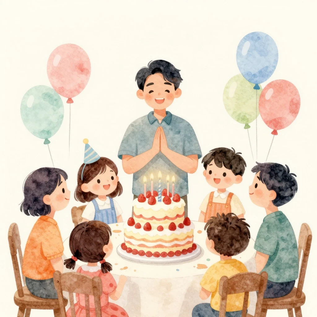 A warm watercolor illustration of a festive birthday scene w...