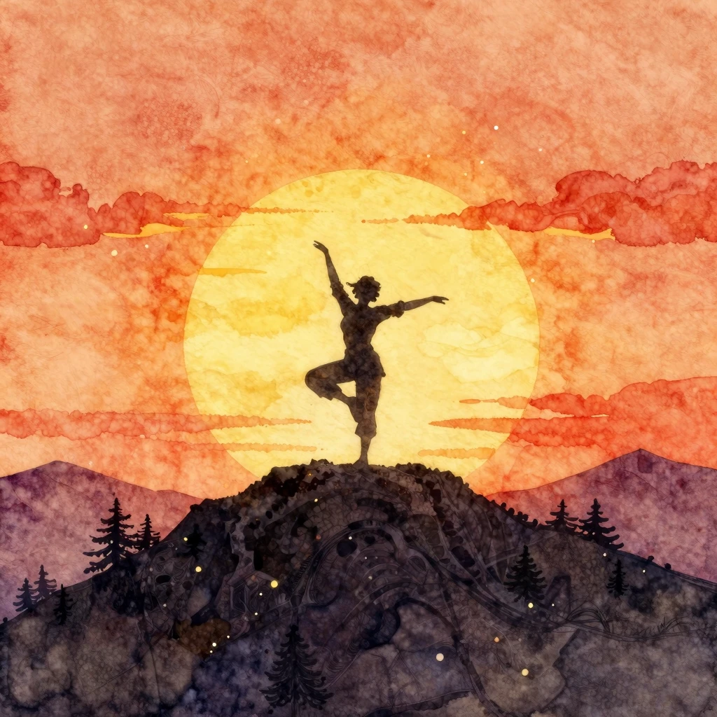 Watercolor painting of a silhouette of a person dancing on a...