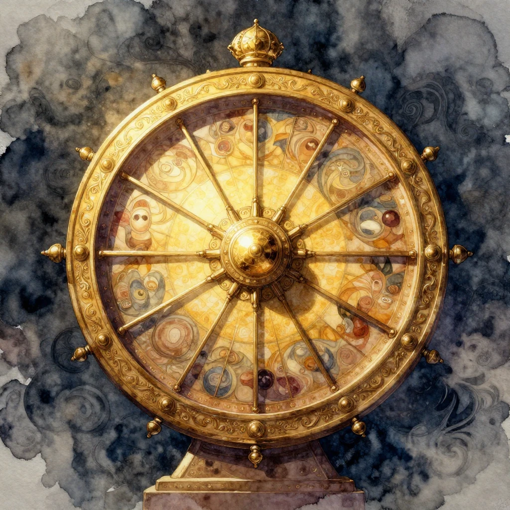 A majestic, ornate wheel of fortune, half bathed in golden l...