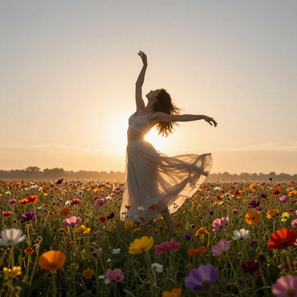A dreamy silhouette of a woman dancing gracefully in a field...