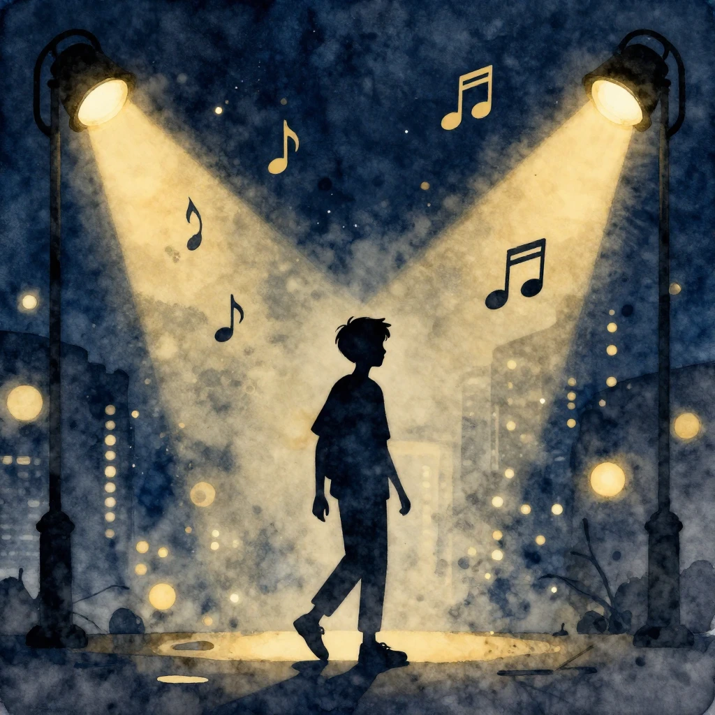 Watercolor style. A silhouette of a teenager walking through...