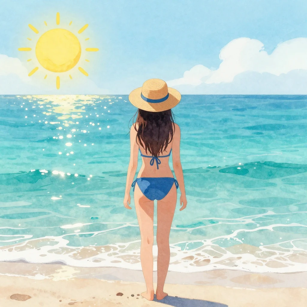 A beautiful girl enjoying summer on a sunny beach, standing ...