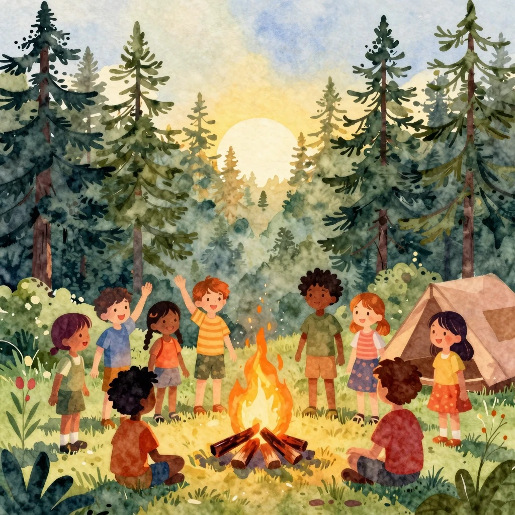 Vibrant watercolor style. A diverse group of happy kids, sil...