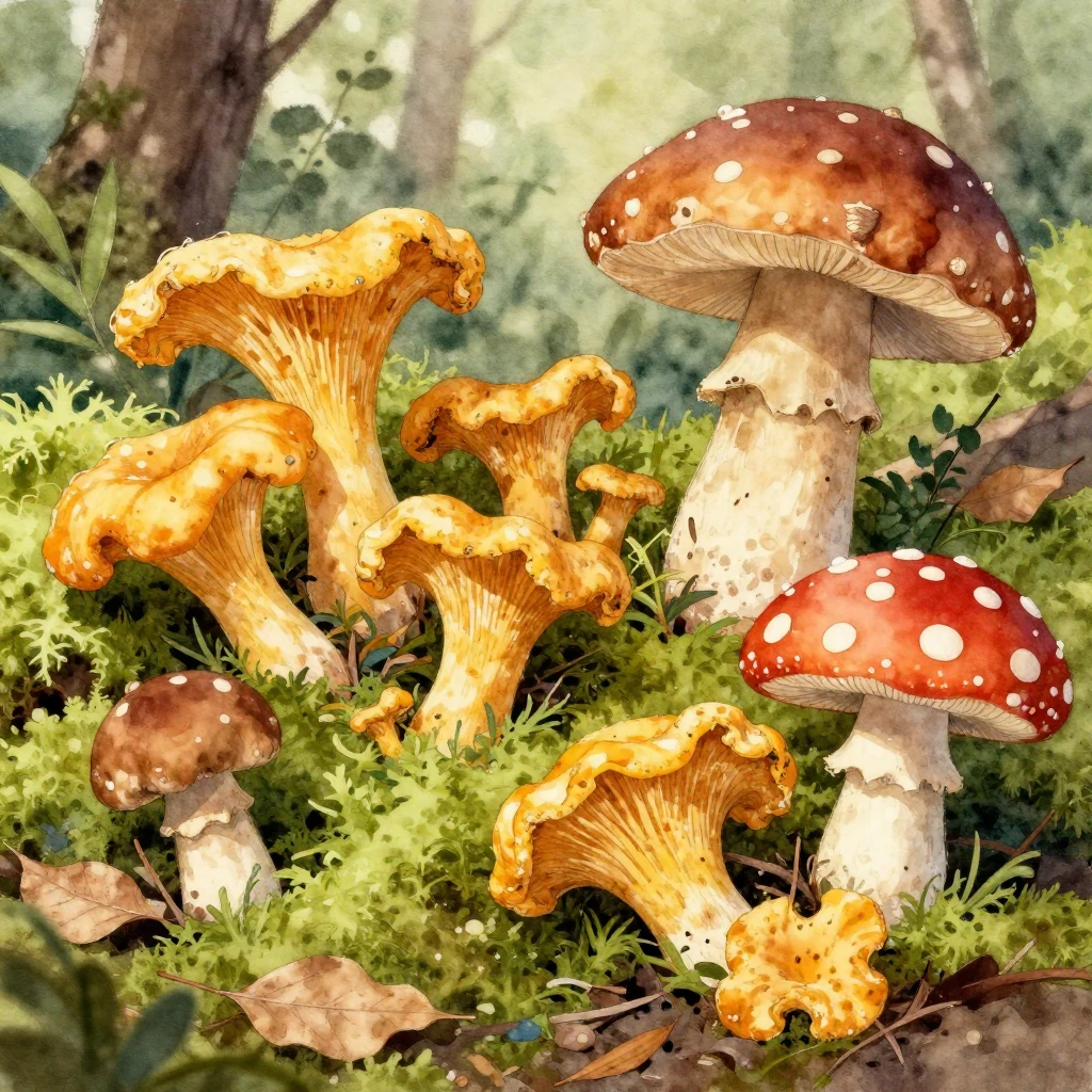 A vibrant watercolor illustration of various forest mushroom...