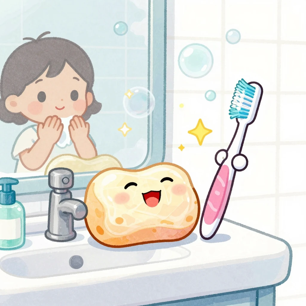 A cheerful cartoon style. A bright, clean bathroom with a ha...