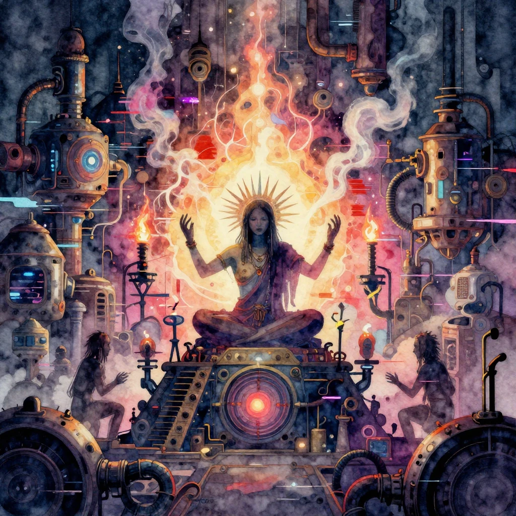 A vibrant watercolor painting of a cyber-industrial shamanic...