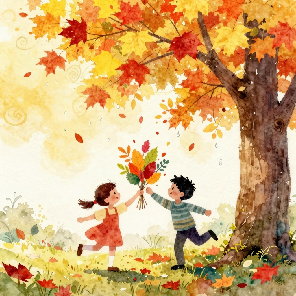 Vibrant watercolor style. A cheerful autumn scene with swirl...