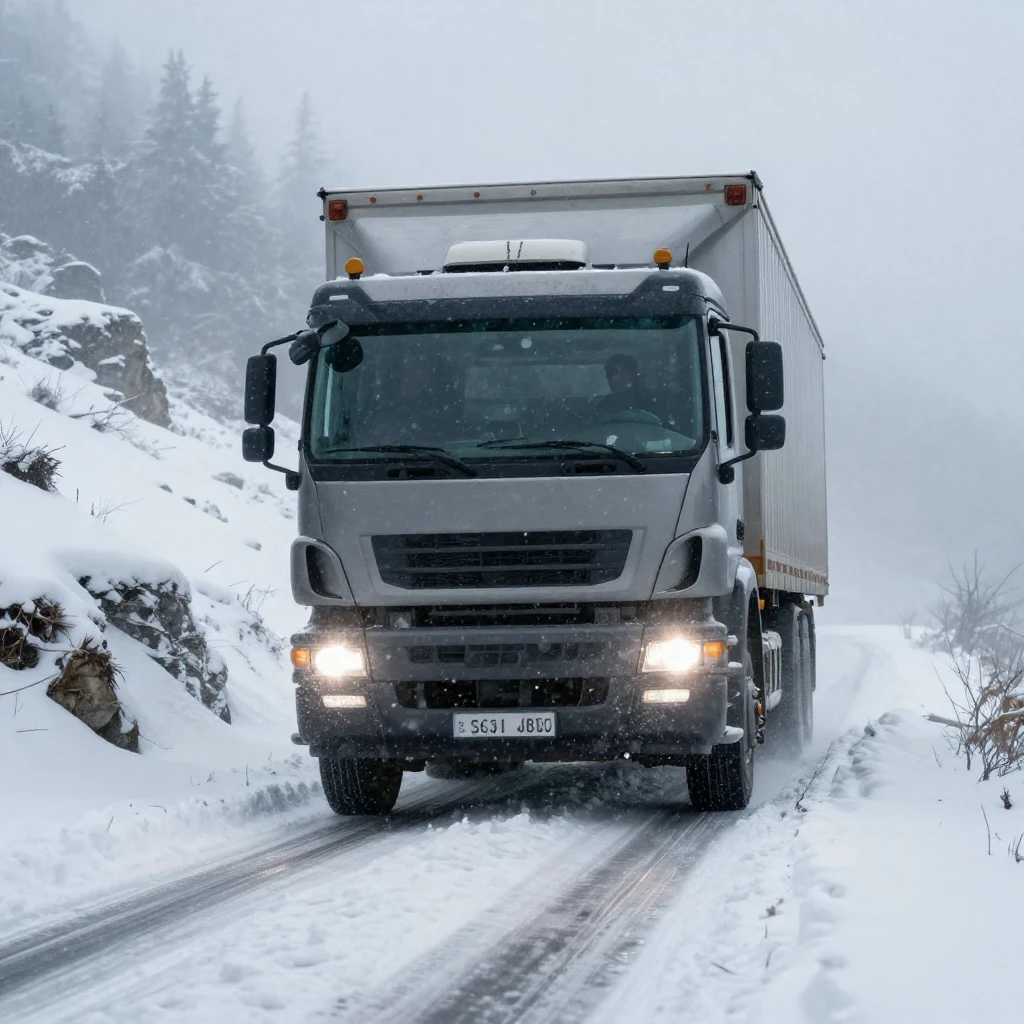 A powerful truck driving on a treacherous, icy mountain road...