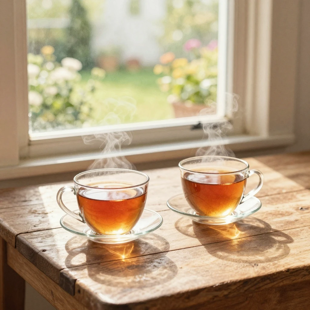 Two cups of tea on a rustic wooden table near a window with ...