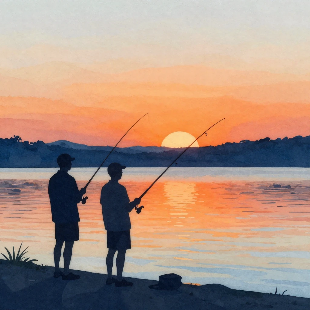 Watercolor style. Silhouettes of two men standing by a calm ...
