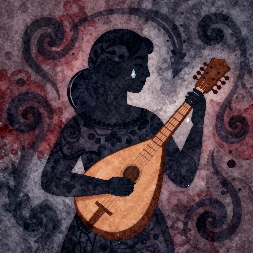 Vibrant watercolor folk art style illustration: a silhouette...