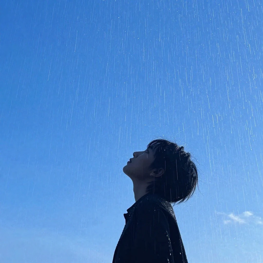 A scene depicting gentle rain falling from a crystal blue sk...