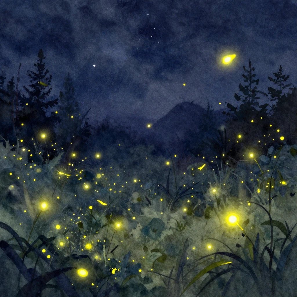 A vibrant watercolor painting depicting a serene night scene...