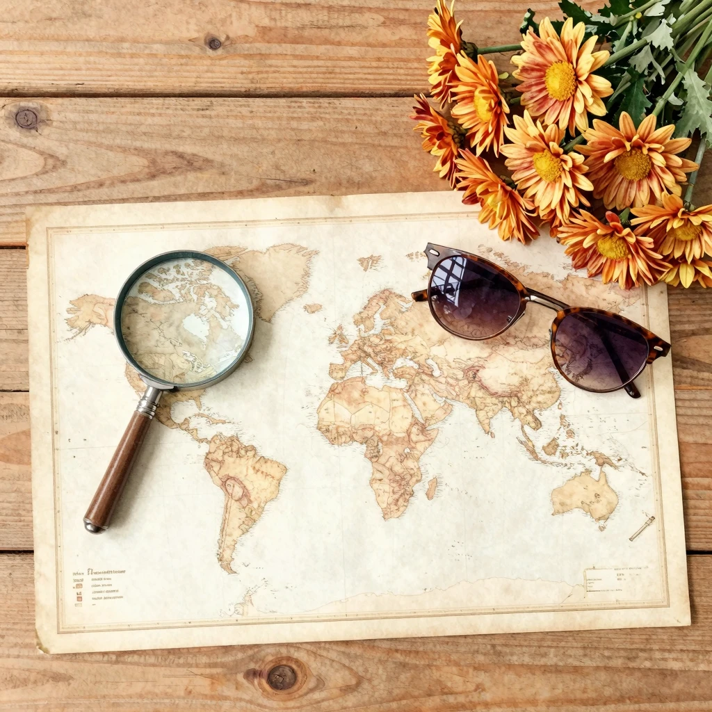 Watercolor style. A stylish flat lay on a wooden table: a vi...