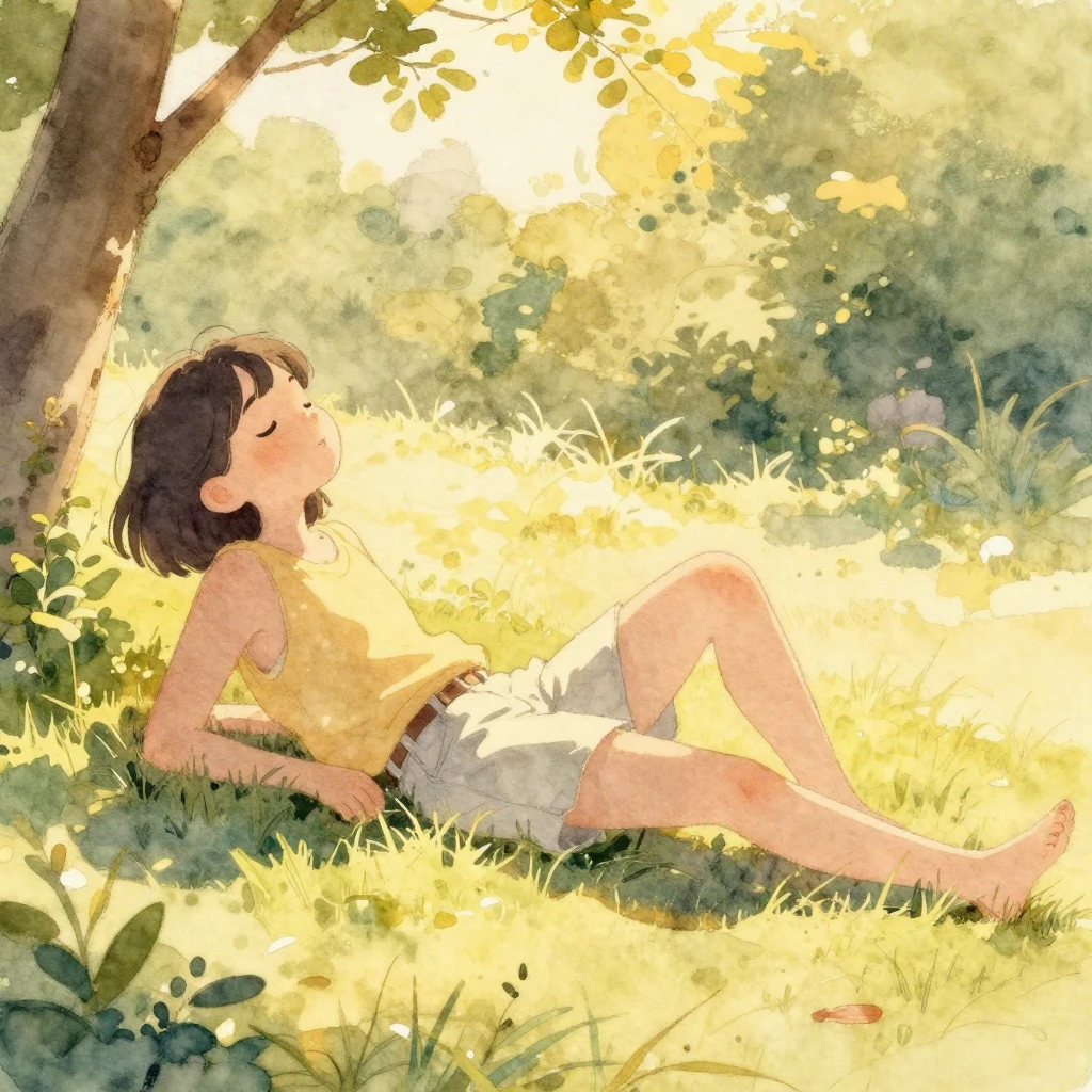 A scene bathed in warm, soft summer sunlight, depicting a re...