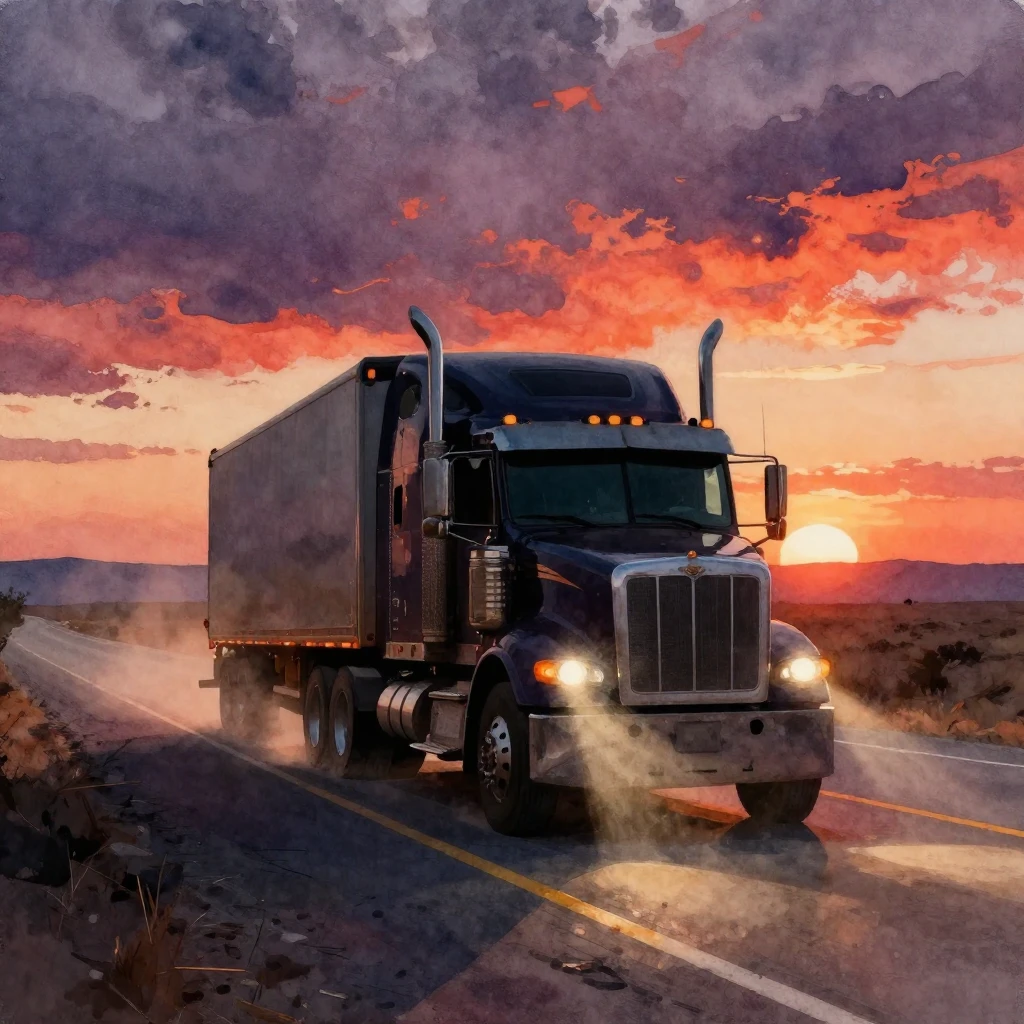A powerful semi-truck, silhouetted against a dramatic, dusty...