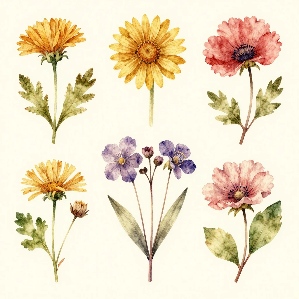 Vibrant watercolor style illustration of a vintage herbarium...
