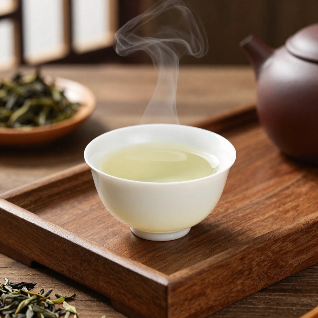 A traditional Chinese tea cup, steaming gently on a polished...